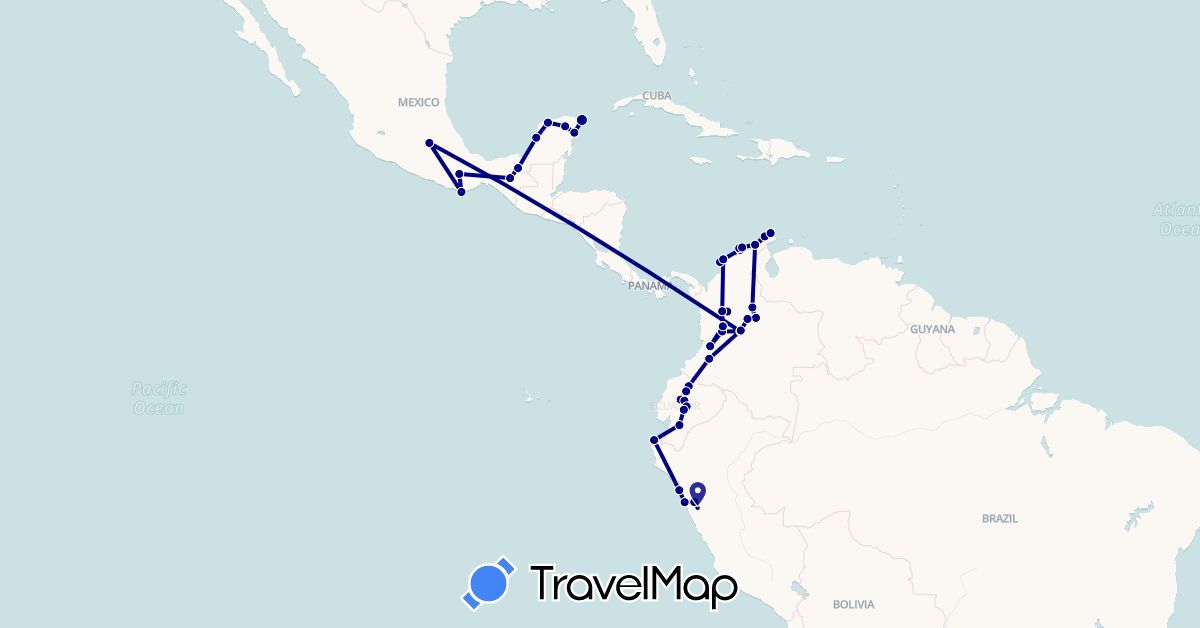 TravelMap itinerary: driving in Colombia, Ecuador, Mexico, Peru (North America, South America)